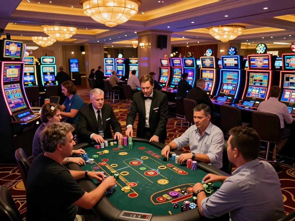 Exciting casino action at okfun com with players enjoying lively games and vibrant slot machines.
