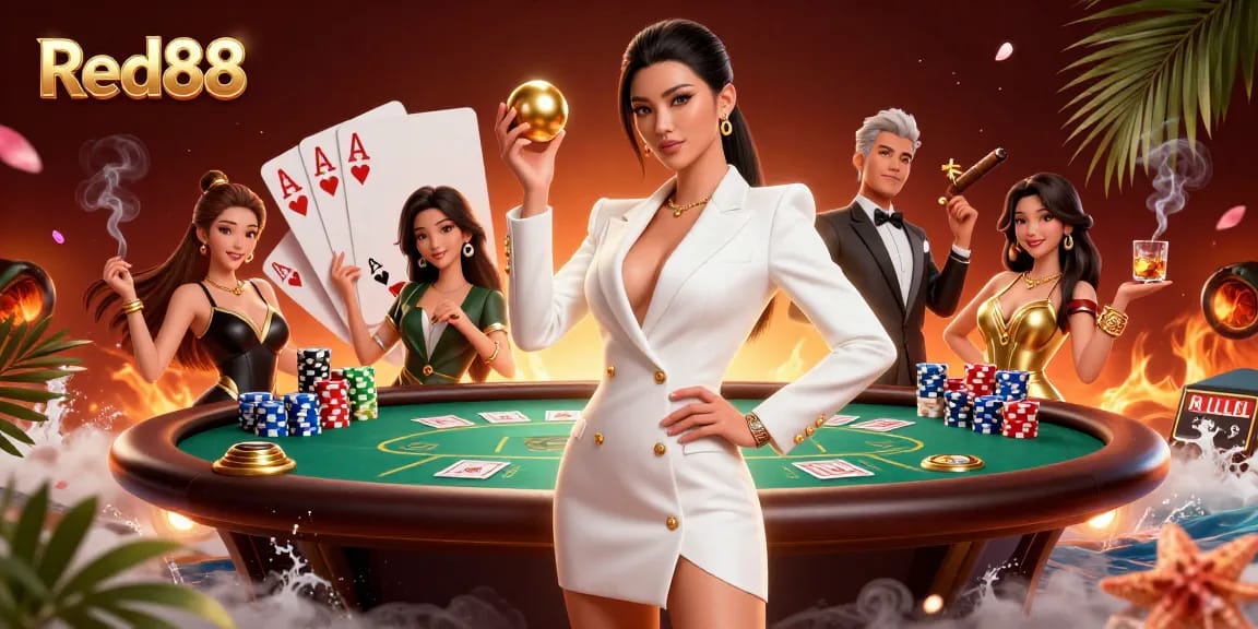 Play exciting casino games at Red88 with a stylish Asian woman exhibiting confidence and glamour.