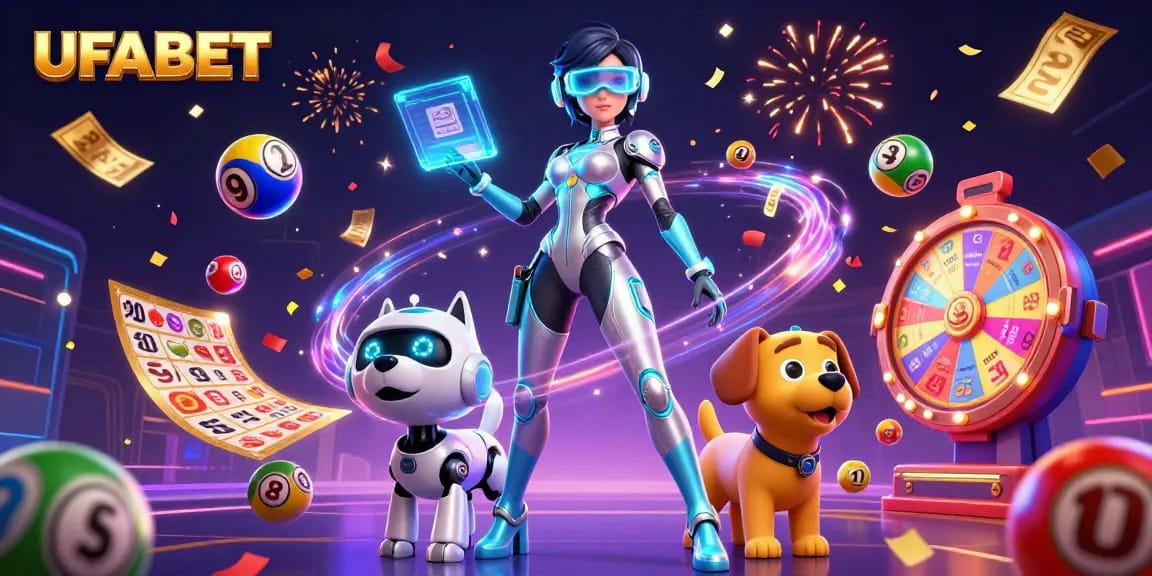 Experience UFABET's dynamic online gambling world, featuring a futuristic woman in a casino atmosphere.