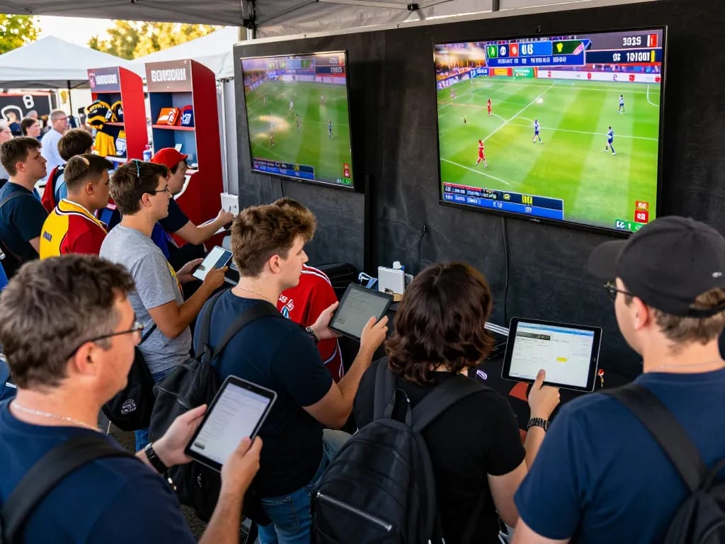 Excited sports bettors engaging with live games at a sports event, keonhacaivn platform on smartphones.