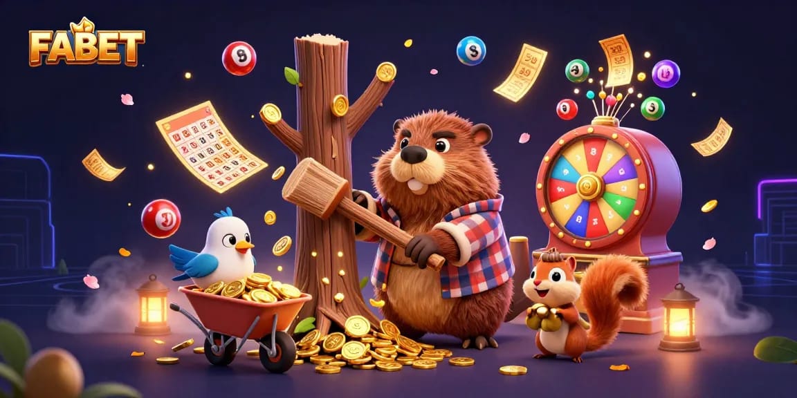 FABET enhances your gaming experience, featuring cartoon characters collecting golden coins in a vibrant casino scene.