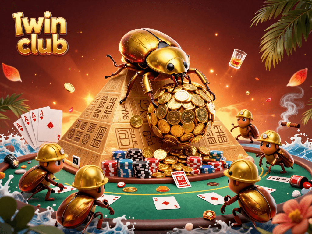 Engage with the Iwin club as a lavish golden beetle rolls coins up a pyramid amid vibrant casino elements.