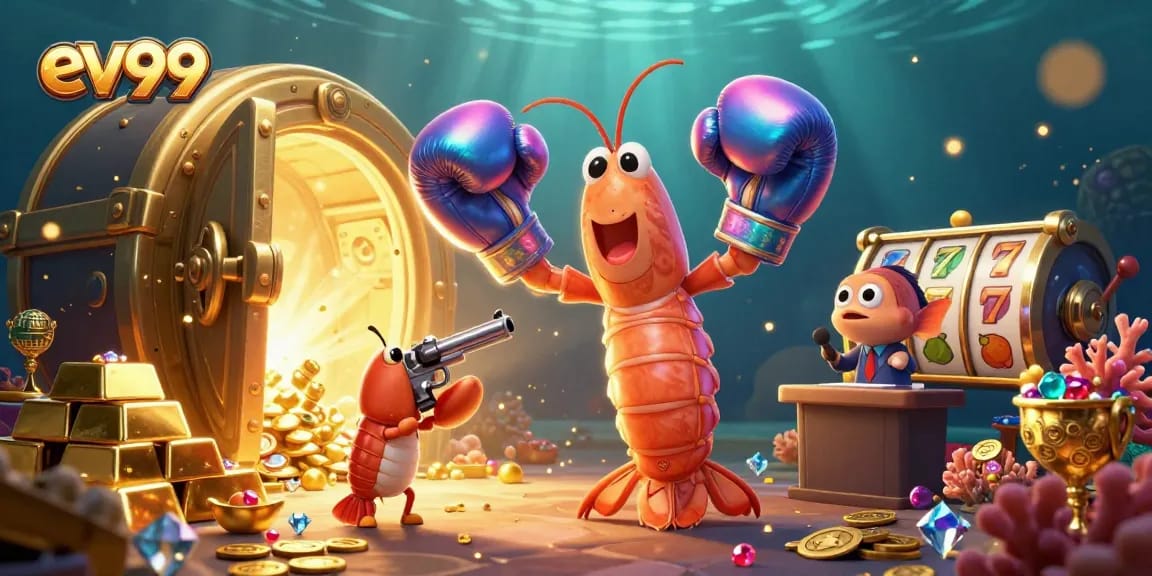 Witness an exhilarating ev99 casino scene with cartoon sea creatures and sparkling gold treasures.