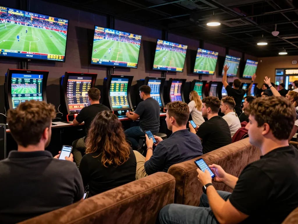 7mcn bettors engaging with live sports on mobile devices in a vibrant lounge