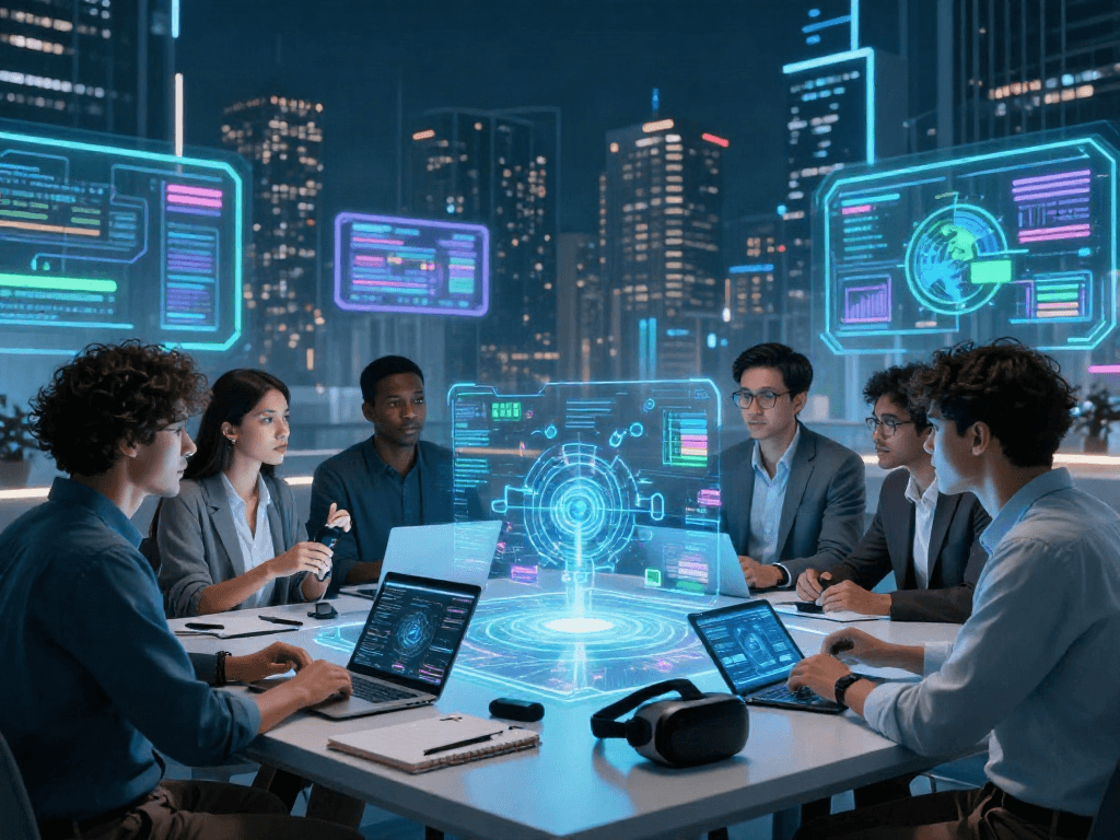 AI +18 professionals collaborating in a dynamic tech workspace with interactive displays and data analytics visualizations.