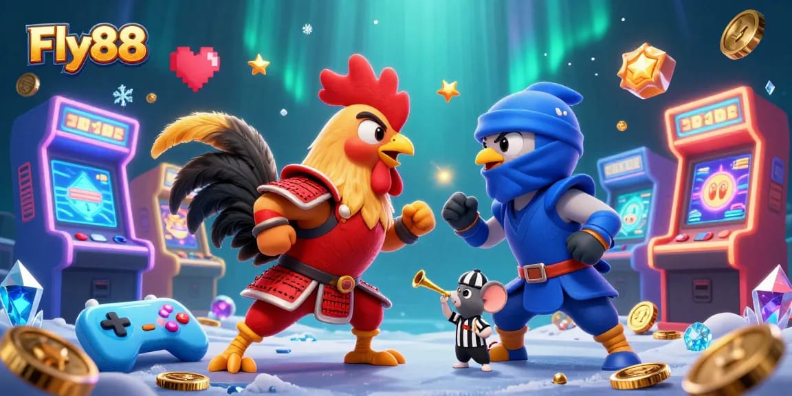Experience thrilling gameplay with Fly88's fighting roosters in an exciting 3D casino scene.