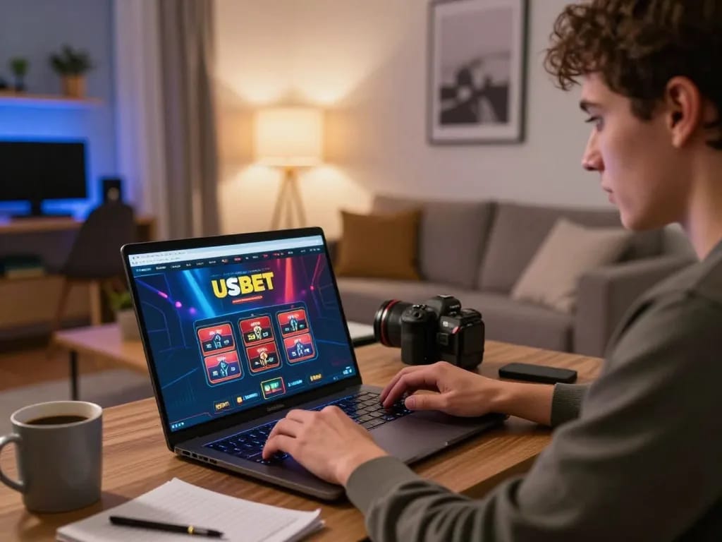 Engaging scene of a player using Usbet for online casino strategies in a cozy home setting