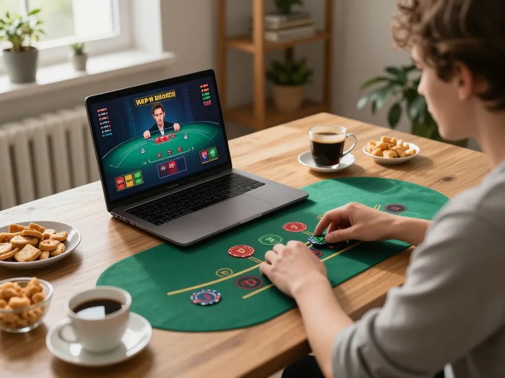 Say88 player engaging in live blackjack from home setup with focused expression