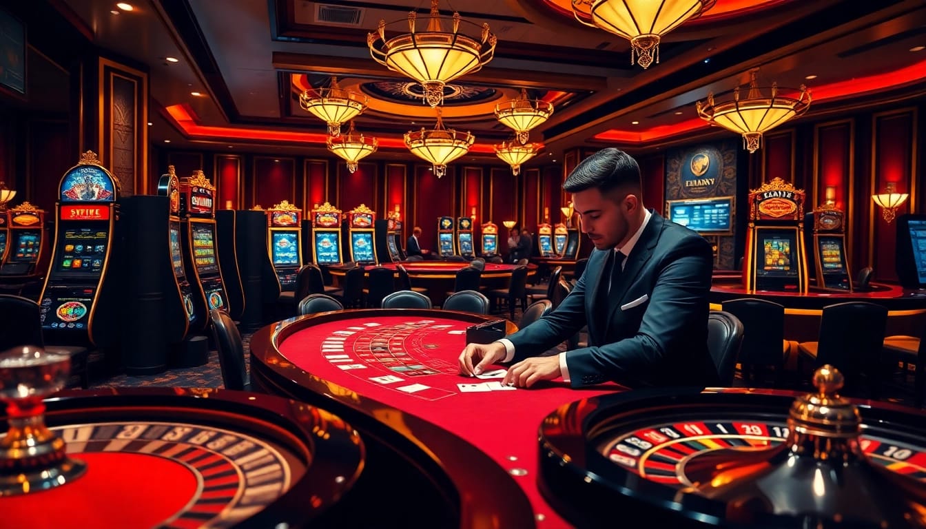 Engaging player betting on nk88 at a luxurious casino, surrounded by poker tables and slot machines.