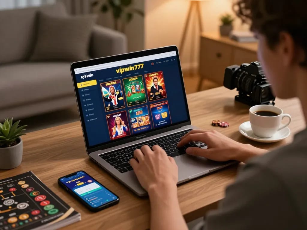 Player engaging with vipwin777 online casino gaming interface, showcasing focus on strategic betting.