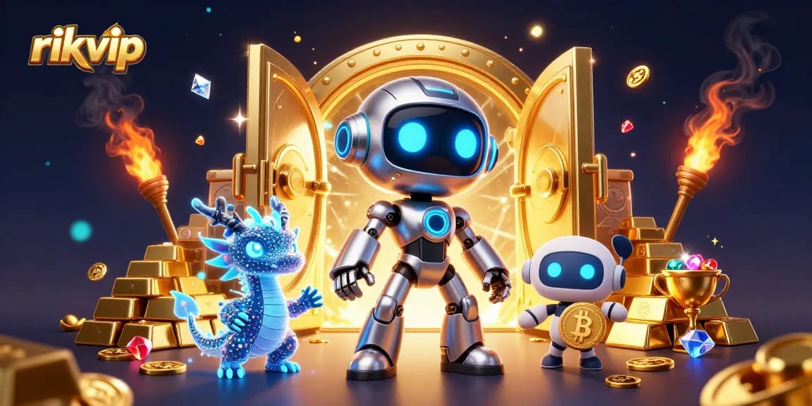 rikvip showcases a cool cyberpunk robot and holographic AI dragon in a vibrant online casino scene.