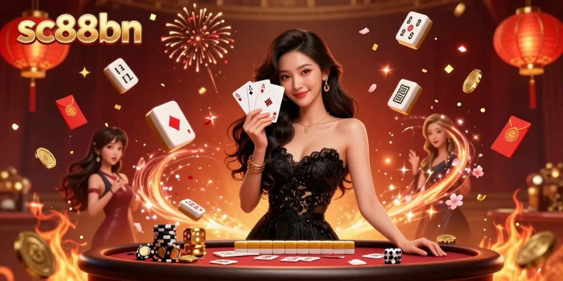 Win big at sc88bn by engaging in a vibrant casino scene filled with lucky playing cards, chips, and festive decorations.