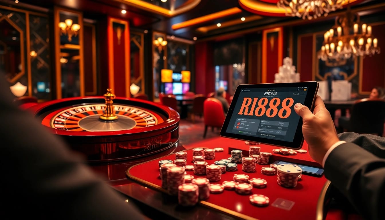 Experience the excitement of RR88 with poker chips and a live dealer in a luxurious casino setting.