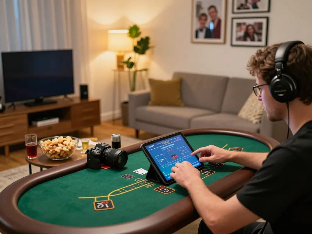 Player enjoying a live blackjack game on abc8go tablet in a cozy gaming space with snacks