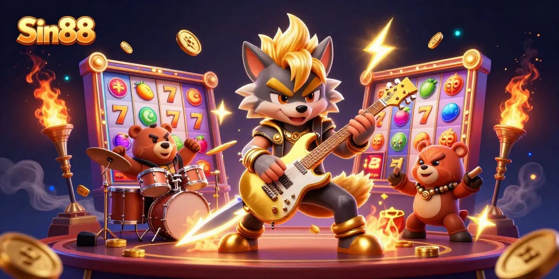 Experience thrilling wins with Sin88 as a cartoon rock star wolf performs in a vibrant casino