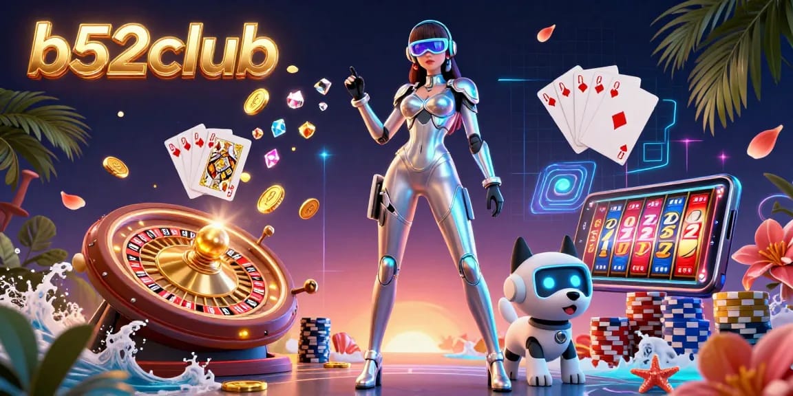 Win exciting jackpots at b52club with vibrant casino elements and engaging characters in a dynamic atmosphere.