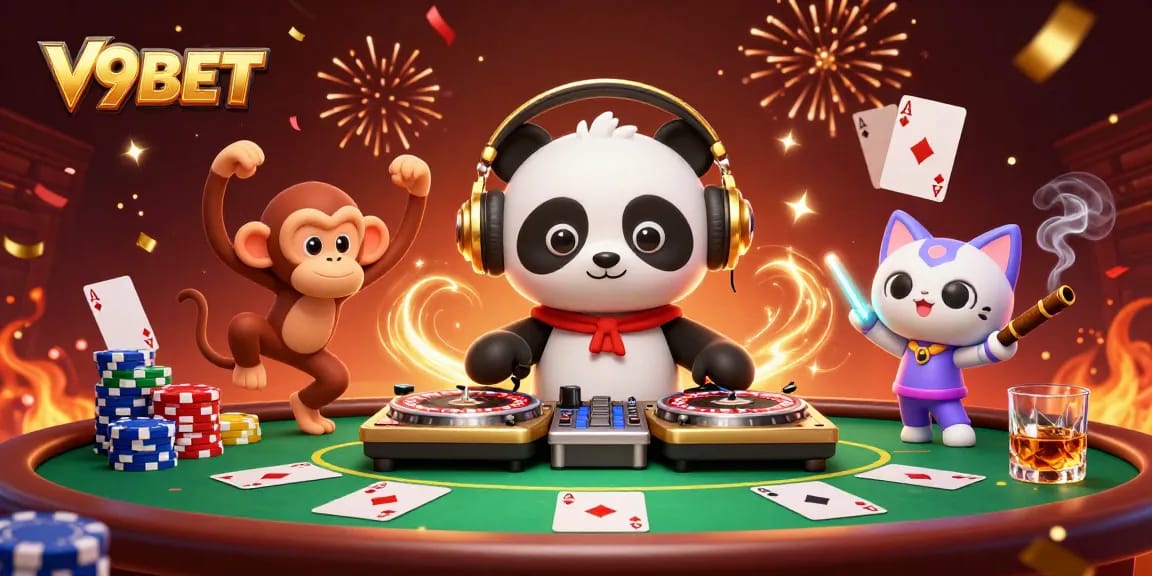 Engage with V9BET's vibrant casino scene featuring lively characters and action-packed gameplay.