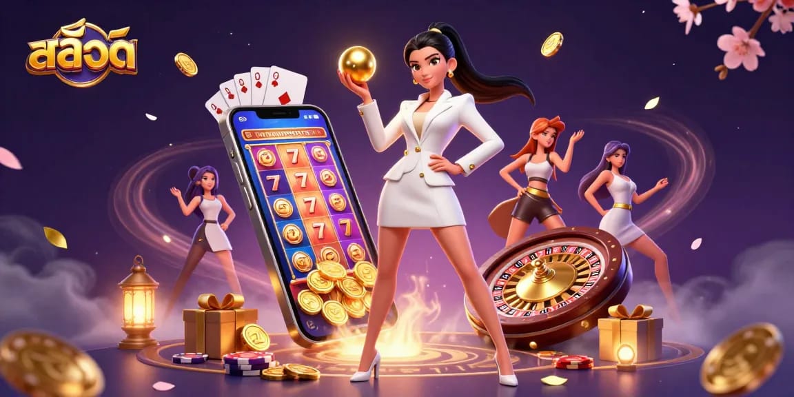 Experience the excitement of สล็อต with a stunning illustration featuring a glamorous Asian woman in a casino setting.