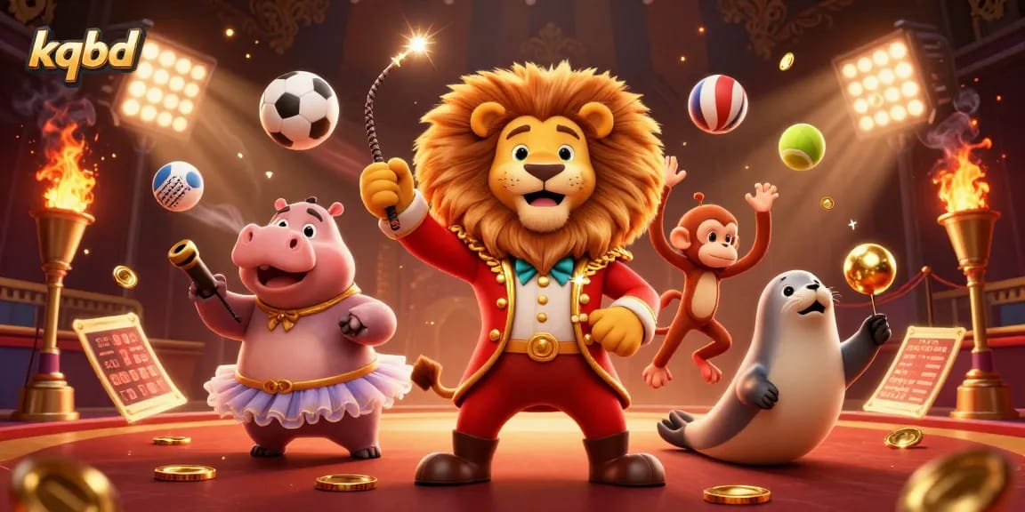 Experience kqbd real-time betting excitement with a dynamic 3D circus scene featuring vibrant characters and sports elements.