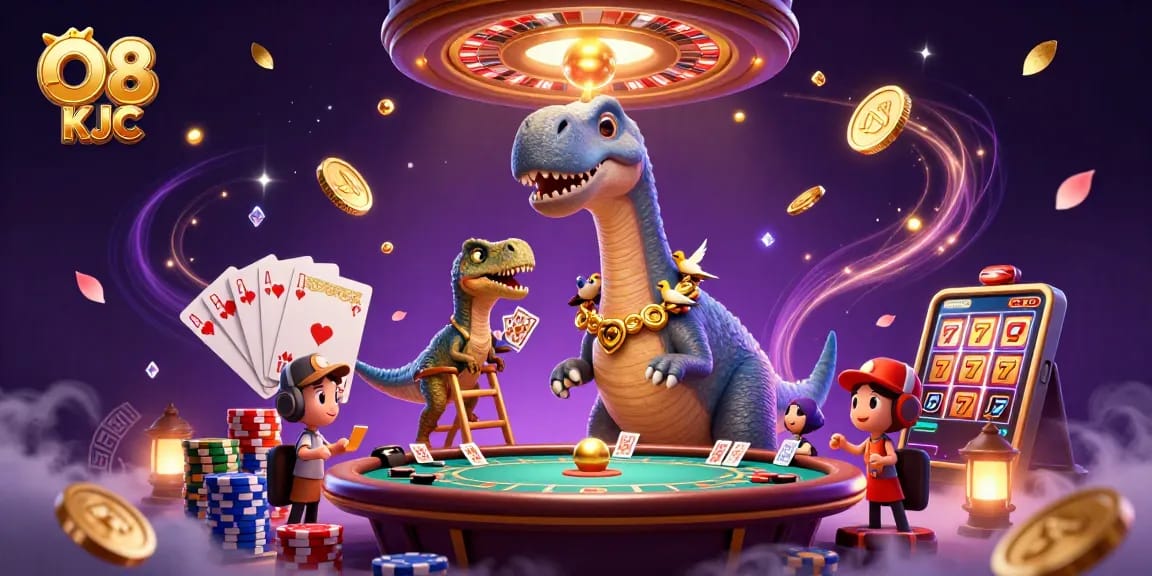 Experience thrilling gaming action at O8 KJC with a dynamic 3D casino scene featuring vibrant characters and elements.