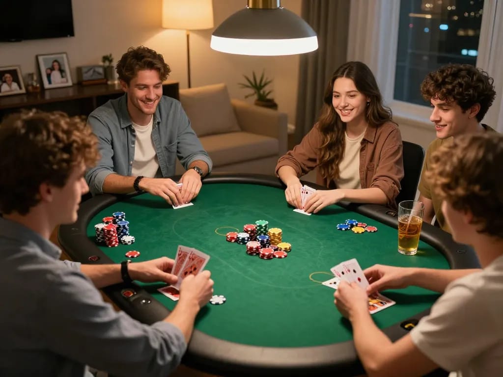 Friends enjoying poker night with GA 888, showcasing excitement and friendly competition at a home gaming table.