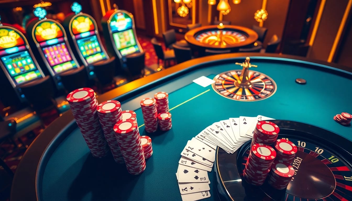 KKWIN poker table scene with vibrant chips and spinning roulette wheel, showcasing excitement.