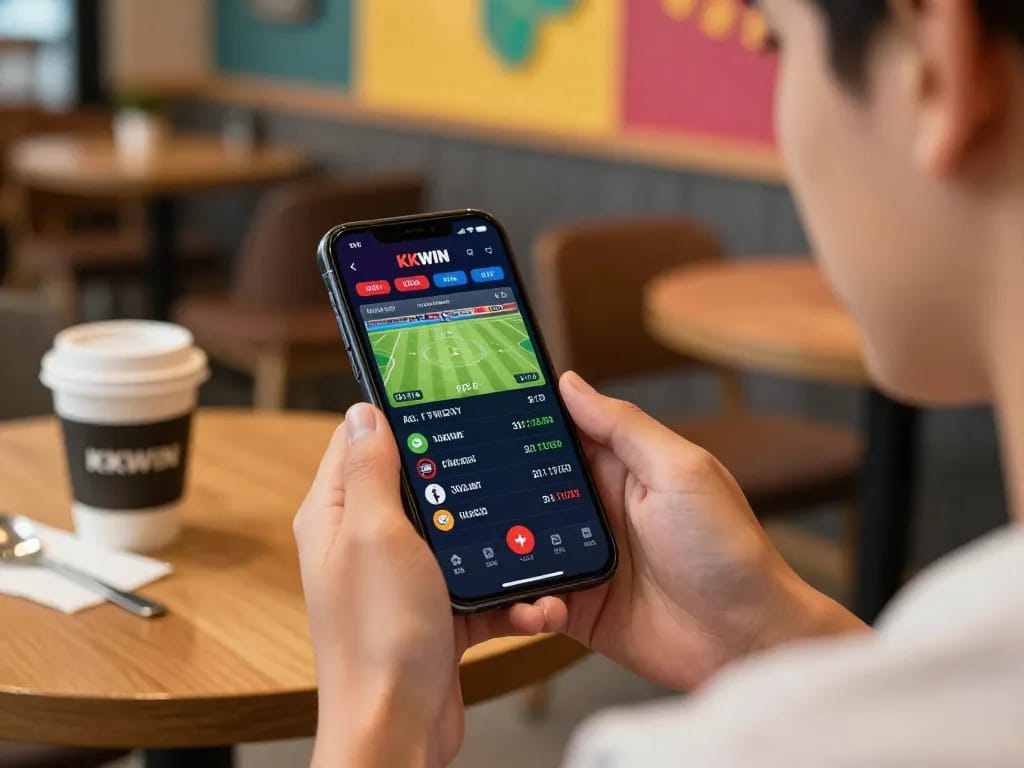 Player engaging with the KKWIN app for exciting online betting in a modern cafe.