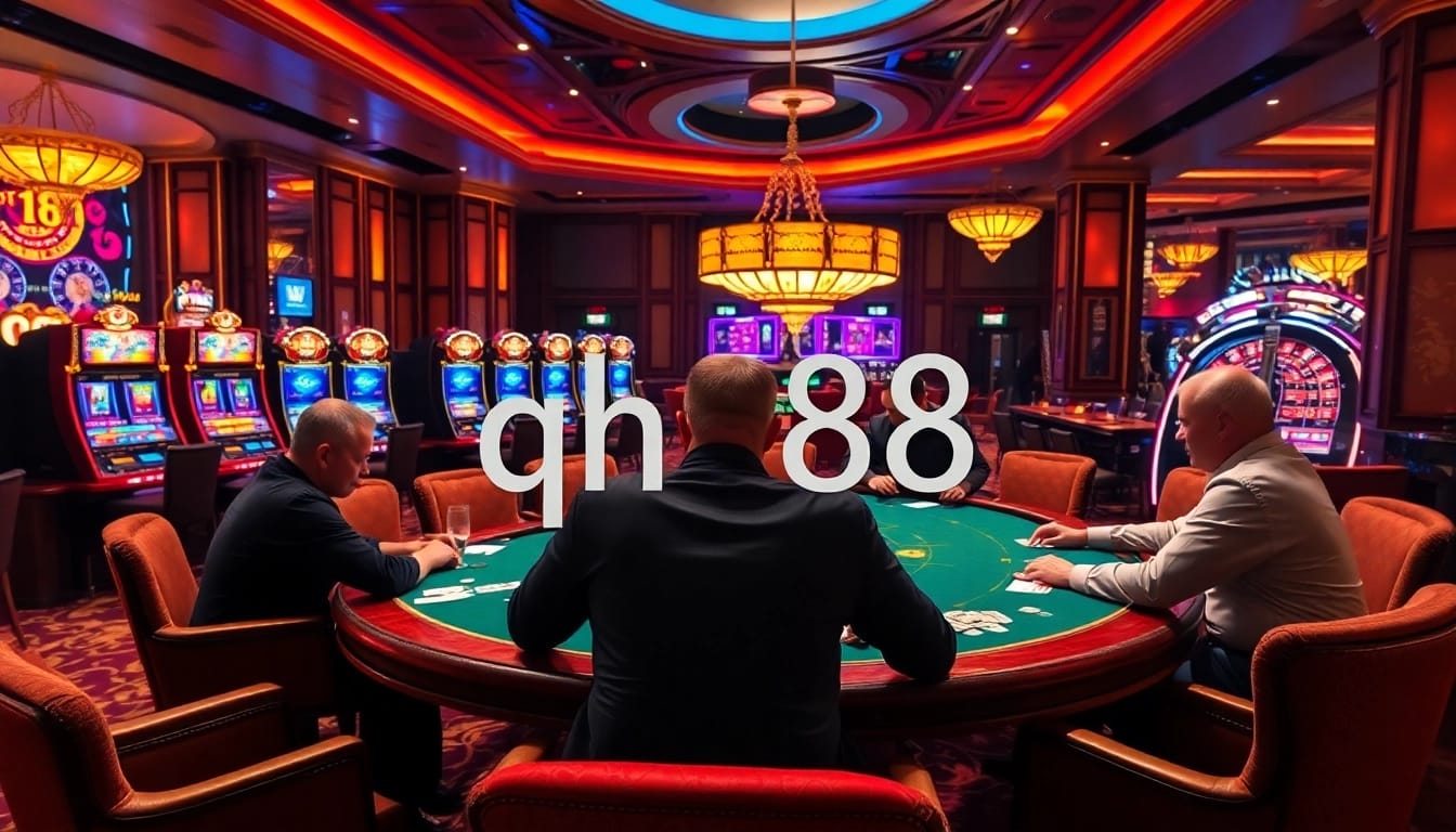 Experience the excitement of qh88 with a vibrant casino scene featuring poker, slots, and roulette.