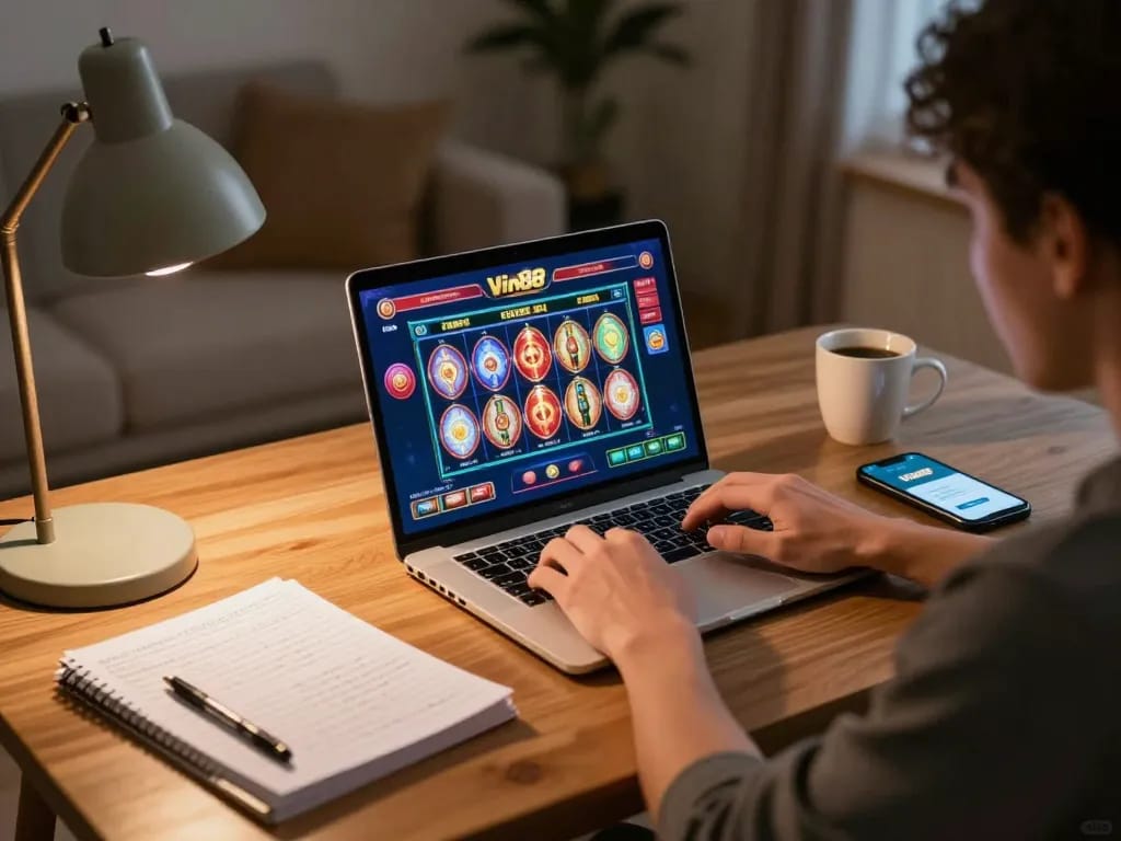 Engaging gameplay at Vin88 online casino setup with laptop and smartphone.