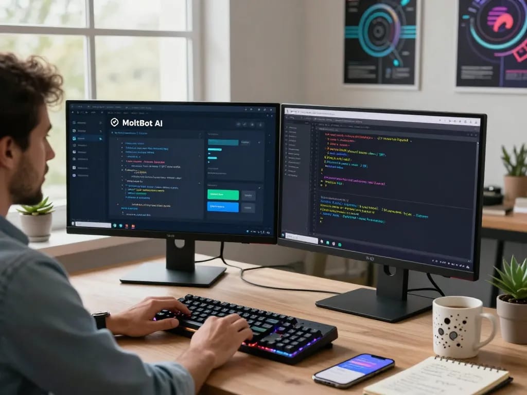 Developer using MoltBot AI in a modern workspace with dual monitors and task automation tools.