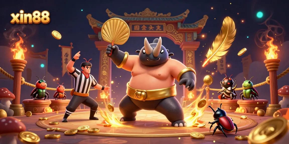 Experience the excitement of xin88 with a vibrant illustration featuring a 3D rhinoceros beetle sumo champion in a dynamic casino arena.
