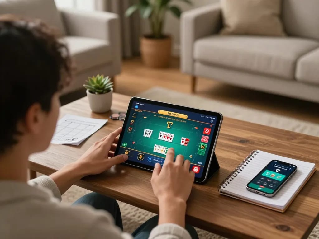 Player engaging in online poker gaming at home on LC88 app, showcasing strategy notes and tablet interface.