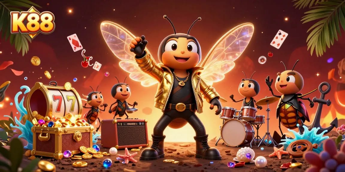 Engage with K88's vibrant casino scene featuring a rock star, drummer, and lively slot reels.