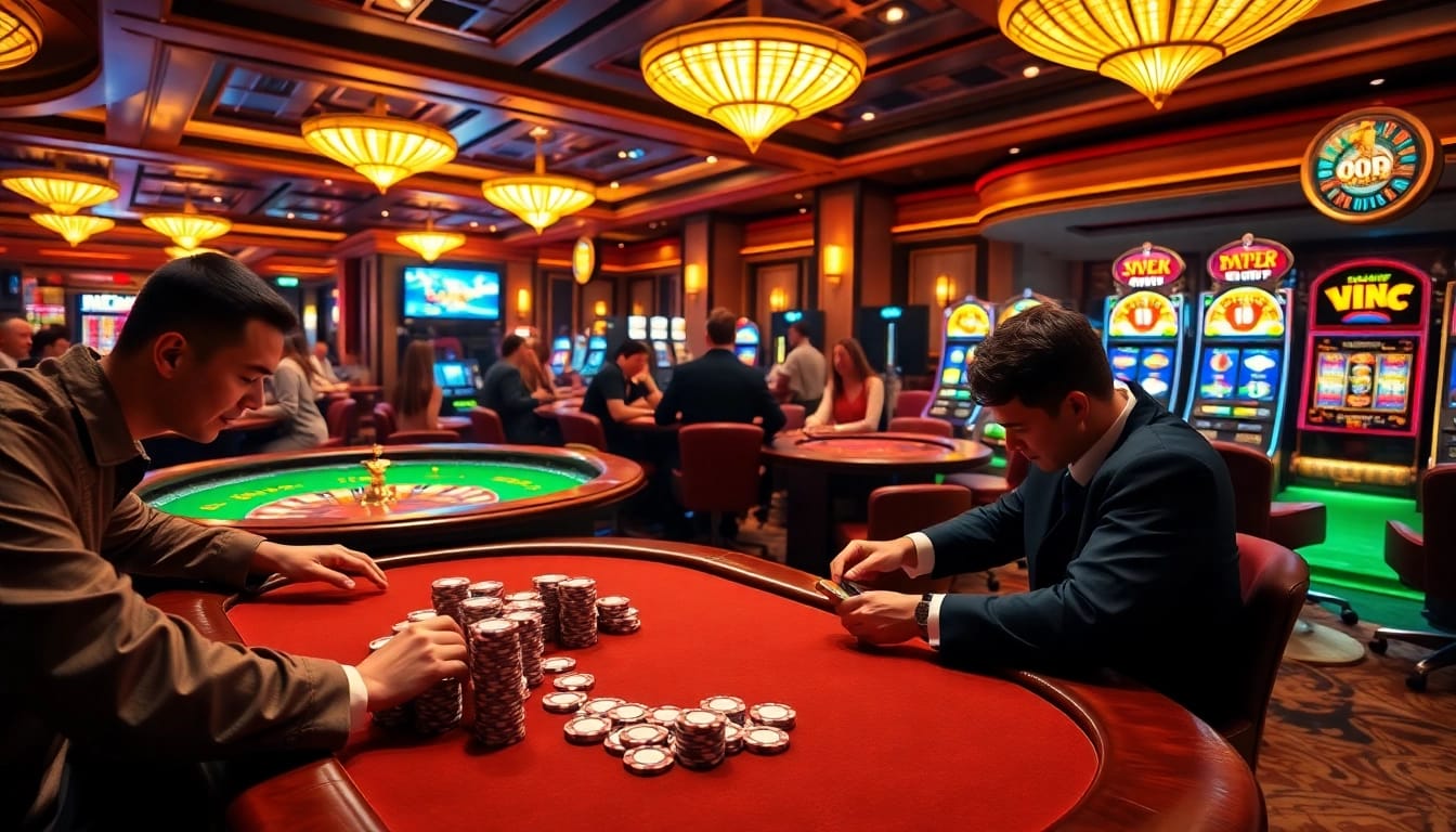 Engaging players at a luxurious casino inspired by https://kjc.football/ surrounded by poker chips and roulette wheels.