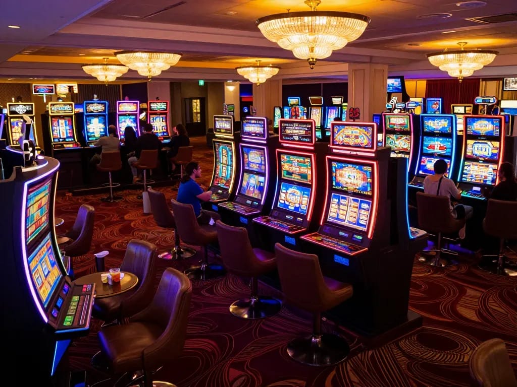 Exciting gaming atmosphere at the 805 club with vibrant slot machines flashing as players engage.