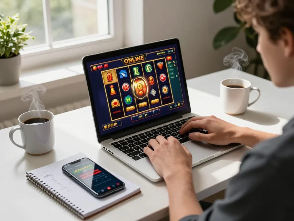 Engaged player exploring tải sun win on a laptop, showcasing an exciting online casino game.