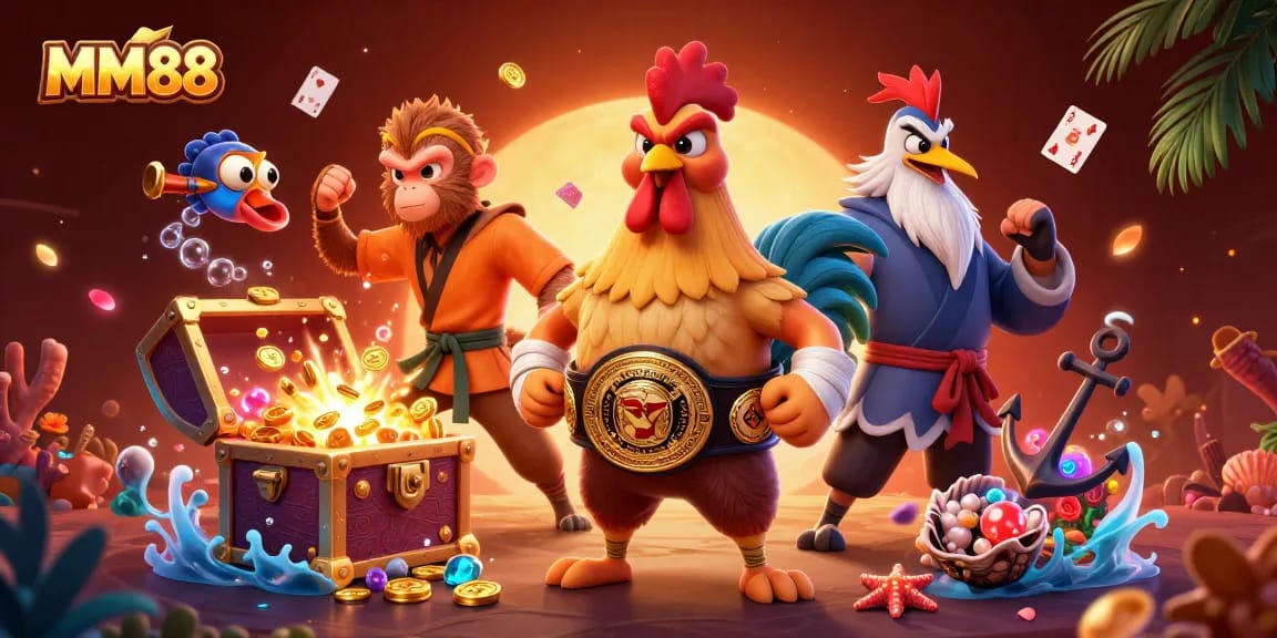 Experience the dynamic MM88 casino scene with Muay Thai rooster and martial artist characters amidst treasures.