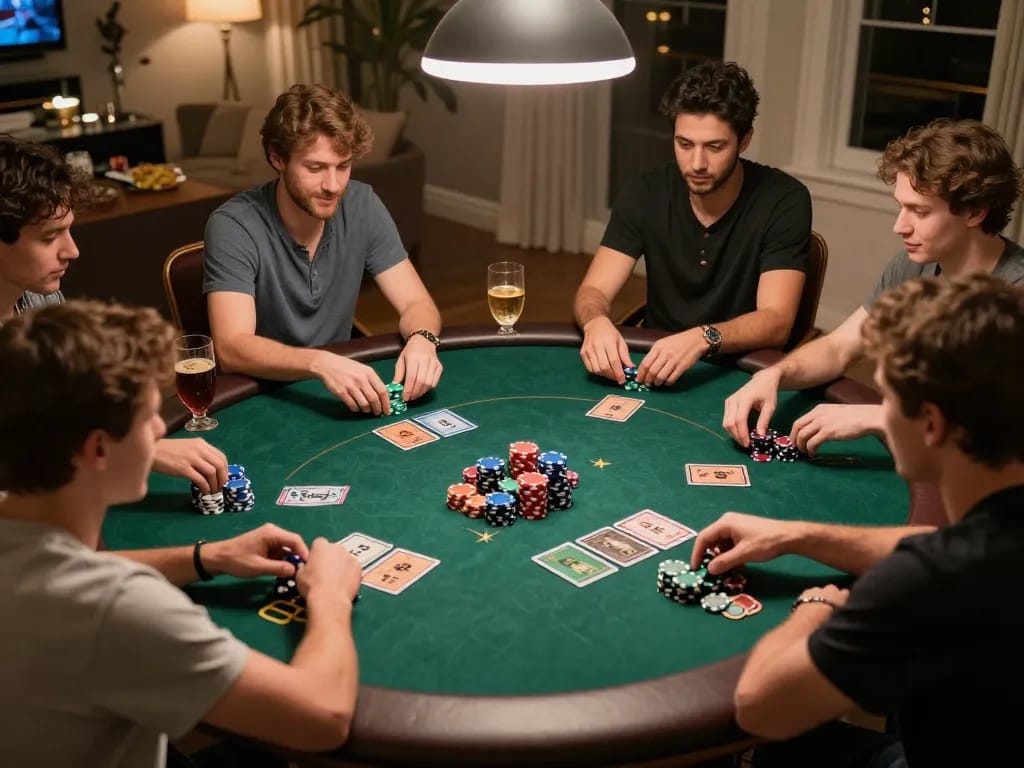 Players engaging in a strategic poker game at home, emphasizing 9win gaming tactics in a friendly setting.