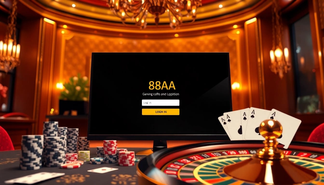 Engaging in Đăng nhập 88AA with a luxurious casino backdrop showcasing digital gaming elements.