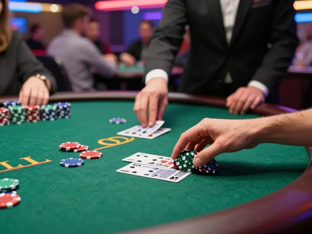 Kaya88 poker player with colorful chips at a casino table showcasing vibrant gameplay and strategy.