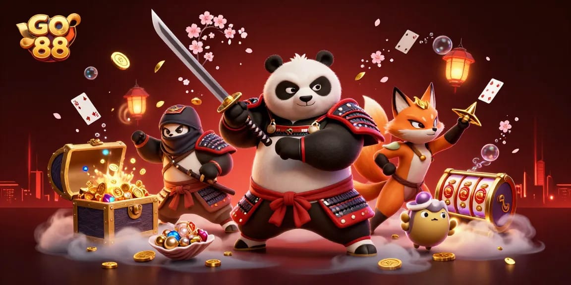 Spin the reels and experience excitement with go 88's vibrant animated scene featuring dynamic 3D characters and rich gaming elements.