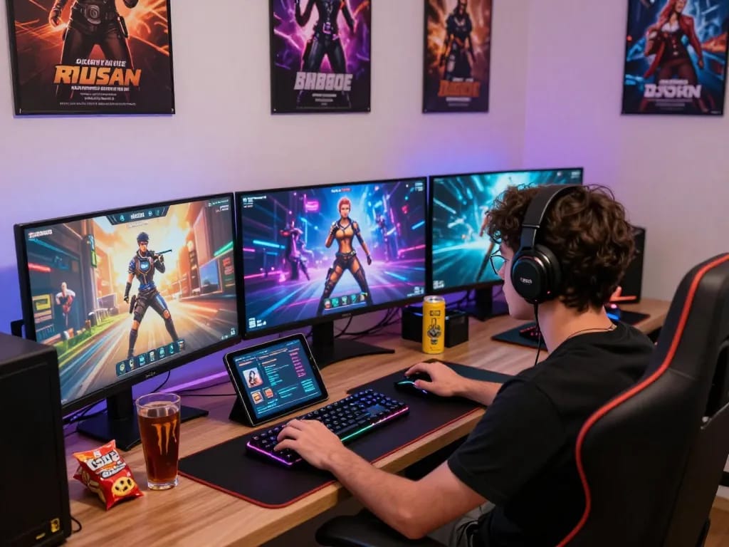 Immerse yourself in porn games with a vibrant gaming setup showcasing multiple screens and dynamic 3D graphics.