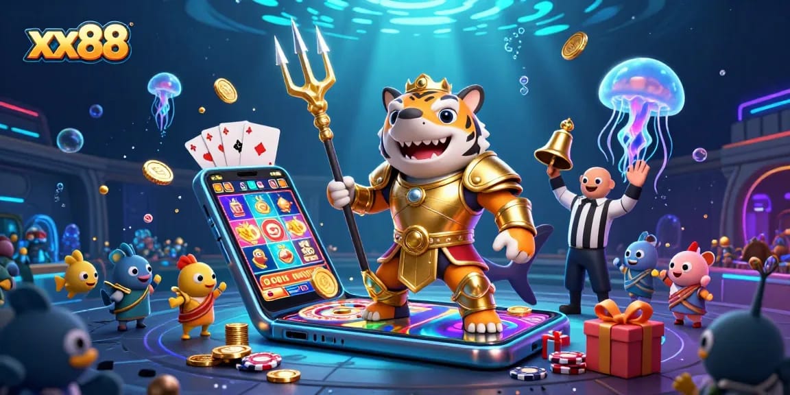 Experience exhilarating gameplay with xx88's underwater casino, featuring a shark gladiator and vibrant slot action.