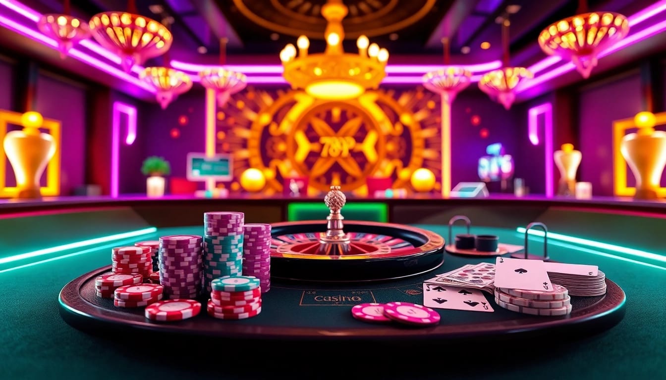 Engage in thrilling gambling experiences at 789P with poker chips and a roulette wheel.