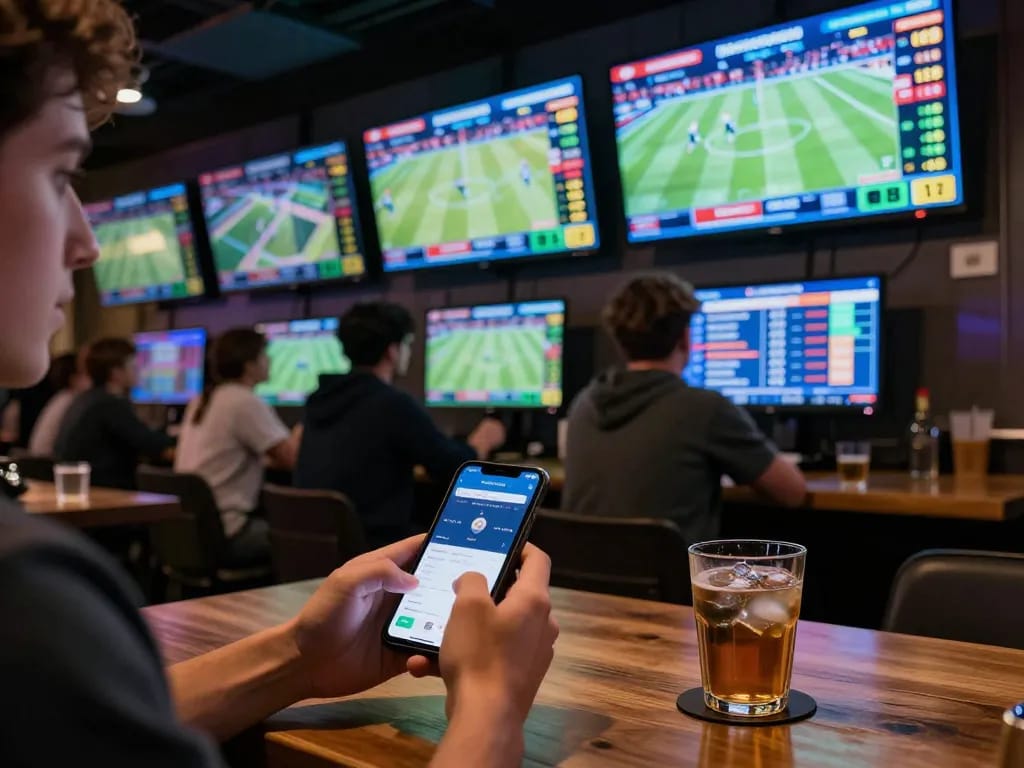 Engaged sports bettor checking tỷ lệ nhà cái on smartphone amidst a lively sports bar atmosphere.