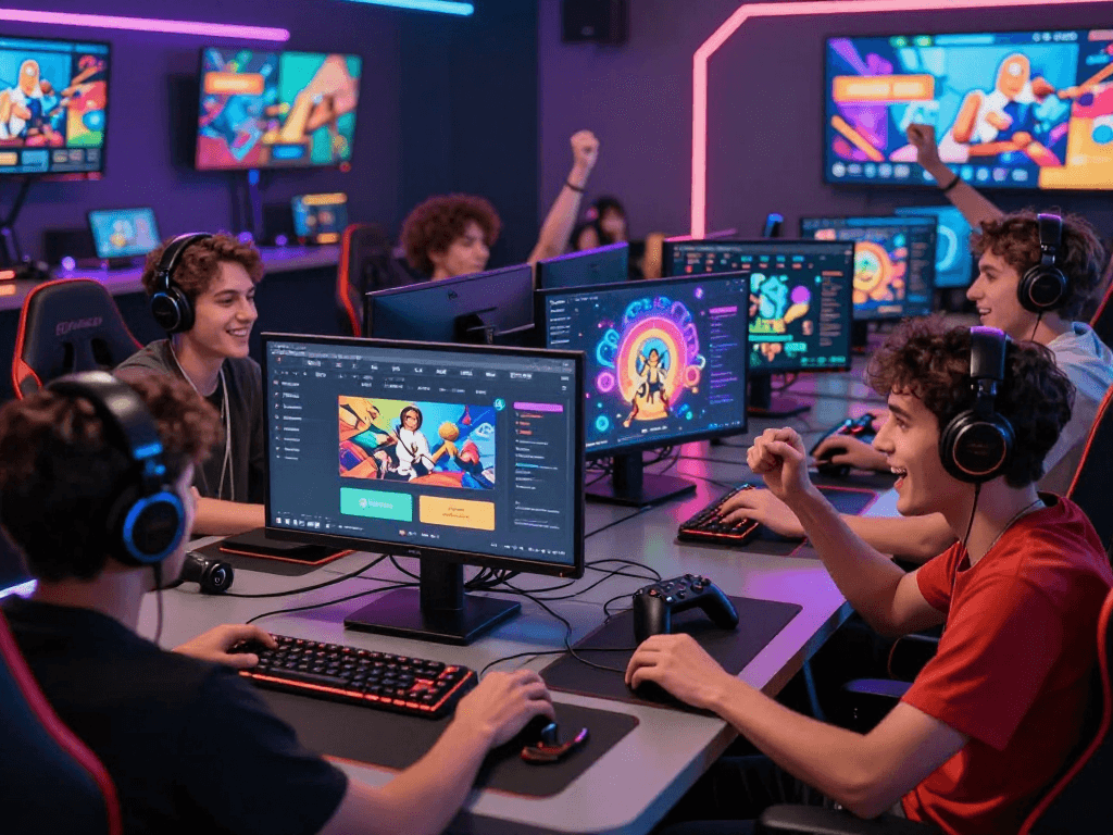 Players enjoying the immersive KOMBET168 online gaming experience in a vibrant atmosphere.