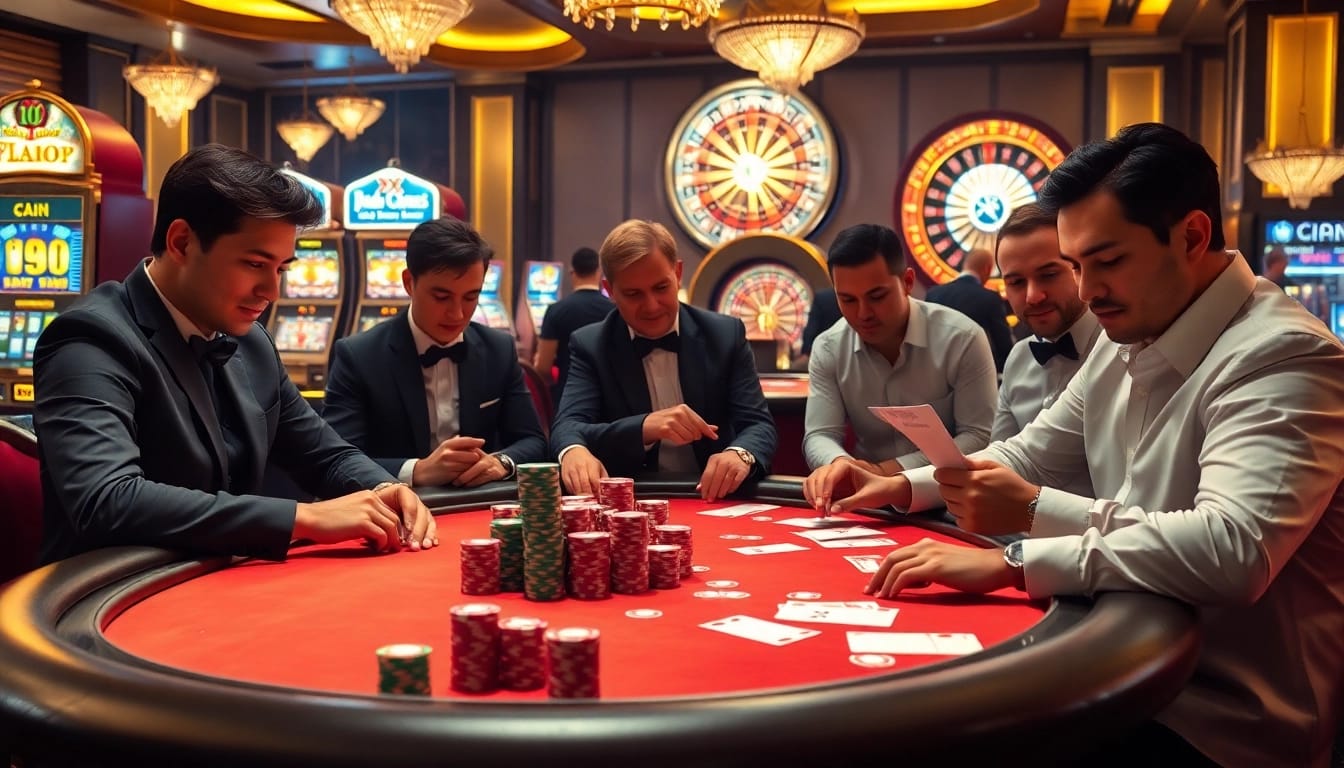 XX 88 poker players strategizing their bets at a luxurious casino table.