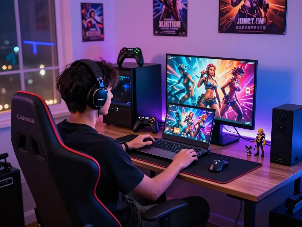 Player enjoying immersive porn games on a sleek laptop in a vibrant gaming setup.