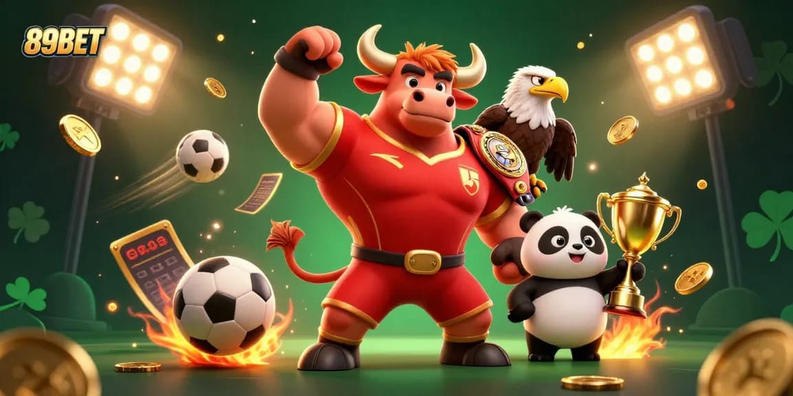 Experience sports betting excitement with 89BET's dynamic 3D illustration showcasing thrilling elements and characters.