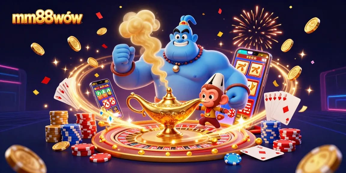 Experience thrilling gameplay with mm88wow as a genie bursts from a lamp surrounded by poker elements.